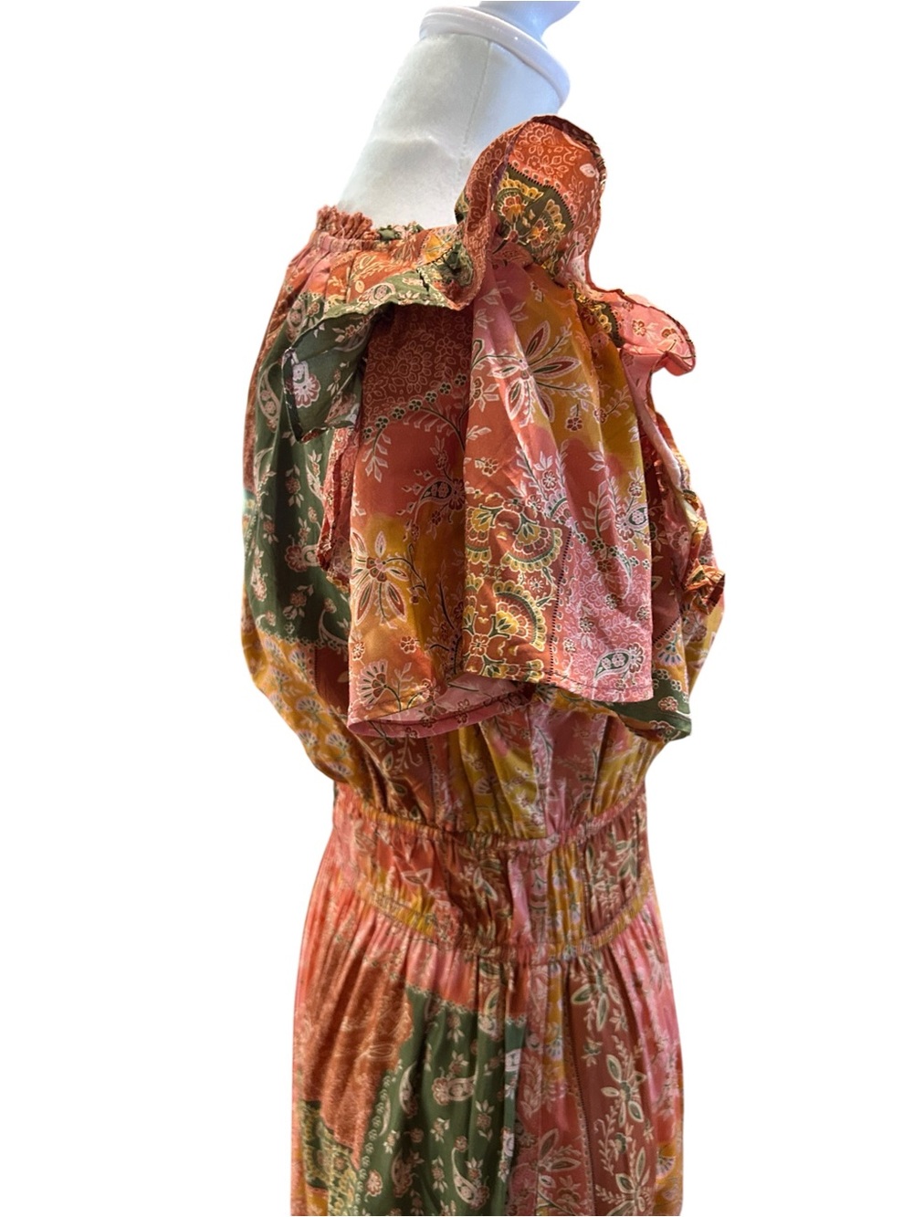 Bila Patchwork Boho Maxi Dress Ruffle Sleeve Plunge Neck Size XS/S - Picture 7 of 9